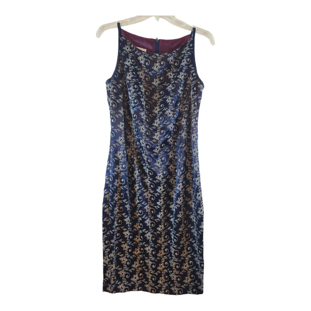 Jessica McClintock for Dillards Navy Silver womens dress sz 11/12 embordered USA